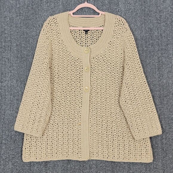 Talbots Cardigan Sweater Womens 2X Tan Hand Knit Mercerized Cotton 3-Button - Picture 1 of 13